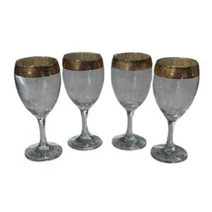 Vtg Crystal Wine Glasses w/ 24k Gold Filigree Set of 4 Tiffin Franciscan Style